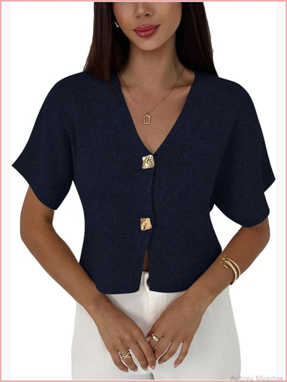 Short Sleeve V-Neck Cardigan Lightweight Knit Office Wear Slim Fit Tops
